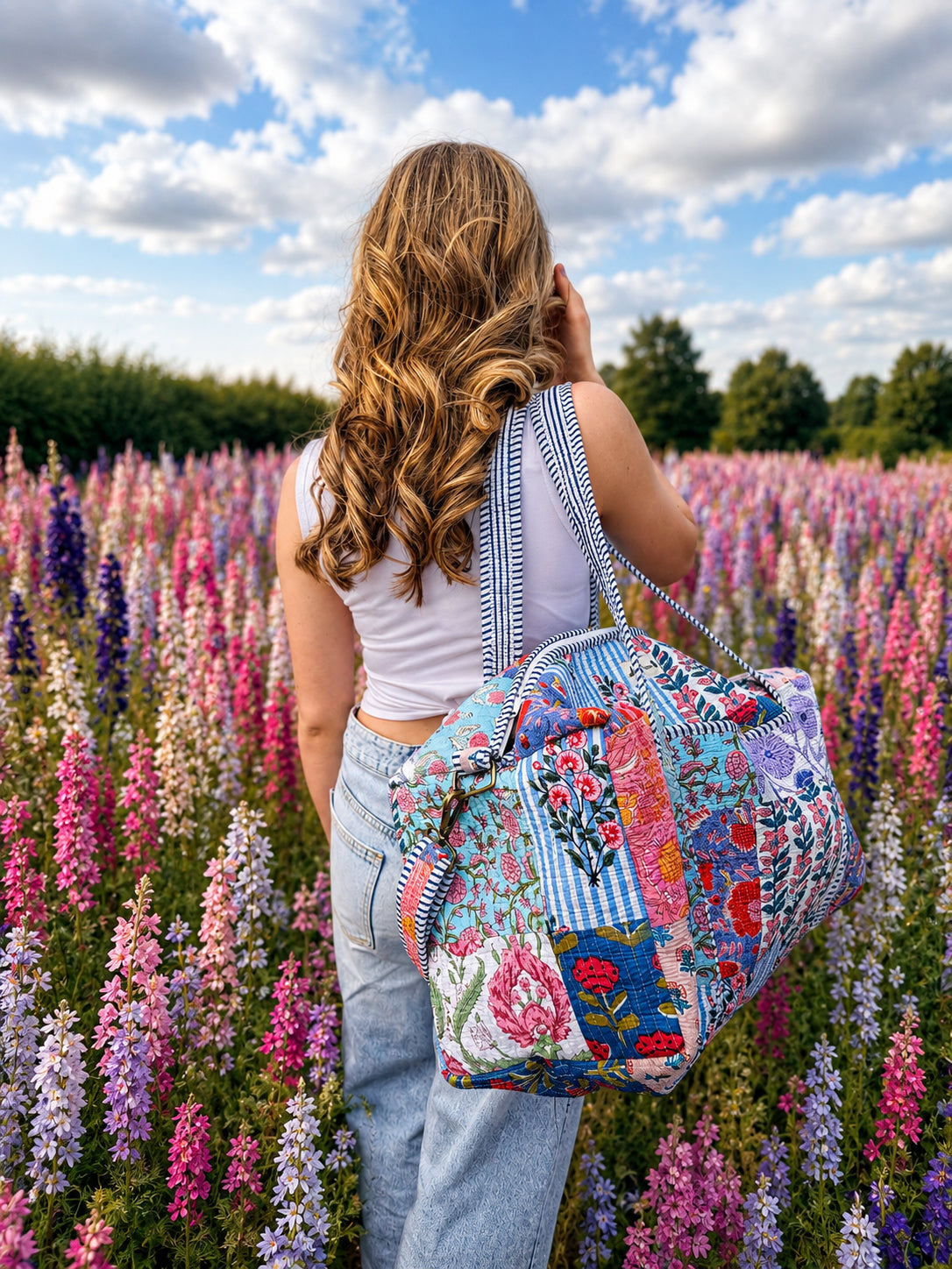 Handmade Duffle Bag - The Indria - Patchwork and Postcards -Meadow Mist