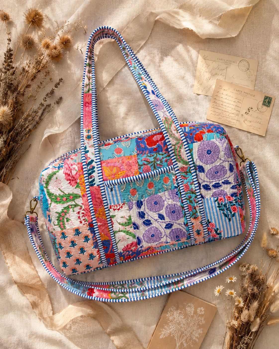 Handmade Duffle Bag - The Indria - Patchwork and Postcards -Meadow Mist