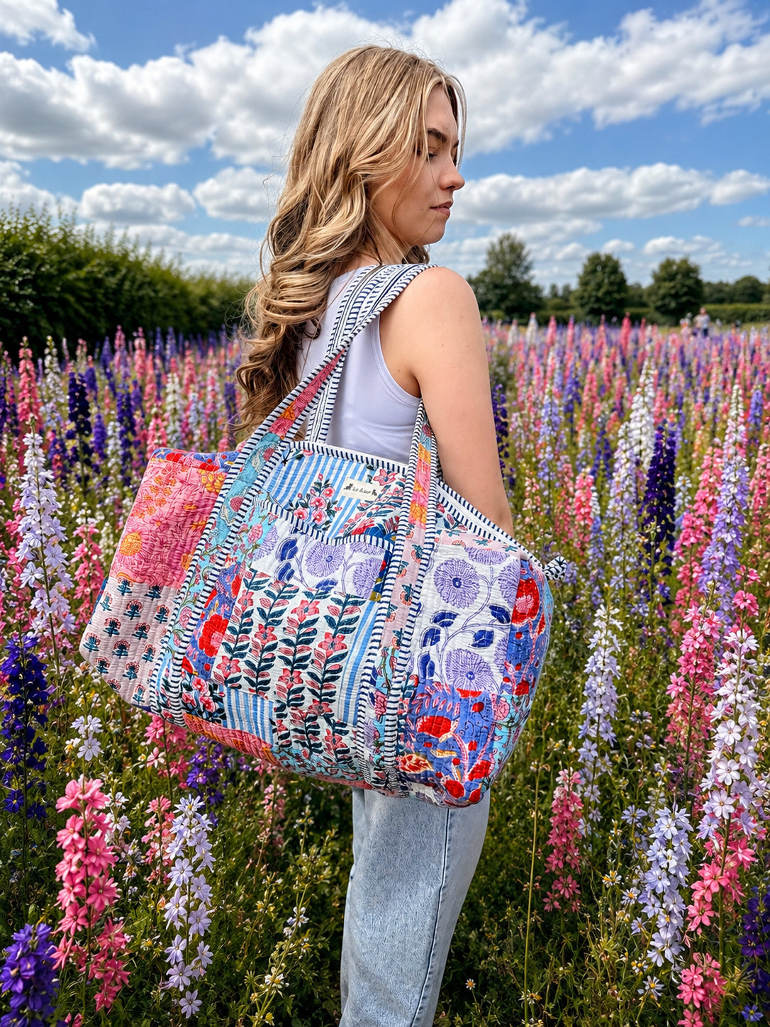 Handmade Duffle Bag - The Indria - Patchwork and Postcards -Meadow Mist