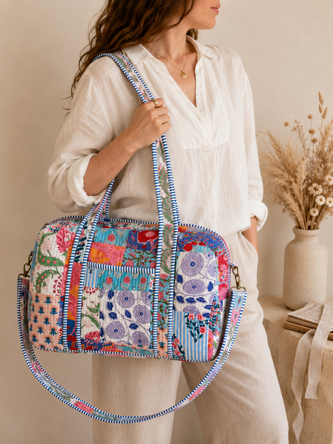 Handmade Duffle Bag - The Indria - Patchwork and Postcards -Meadow Mist