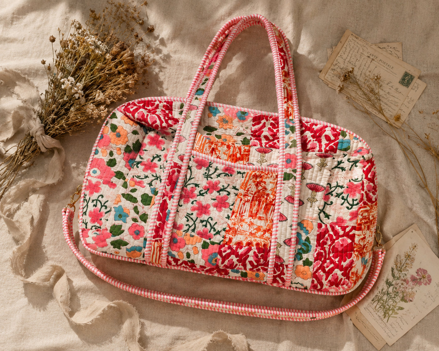 Handmade Duffle Bag - The Indria - Patchwork and Postcards -Rosalie