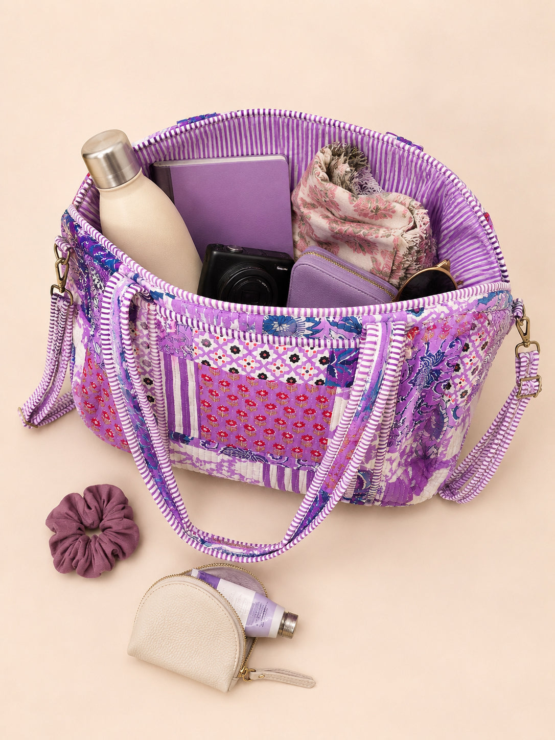 Handmade Duffle Bag - The Indria - Patchwork and Postcards - Violet