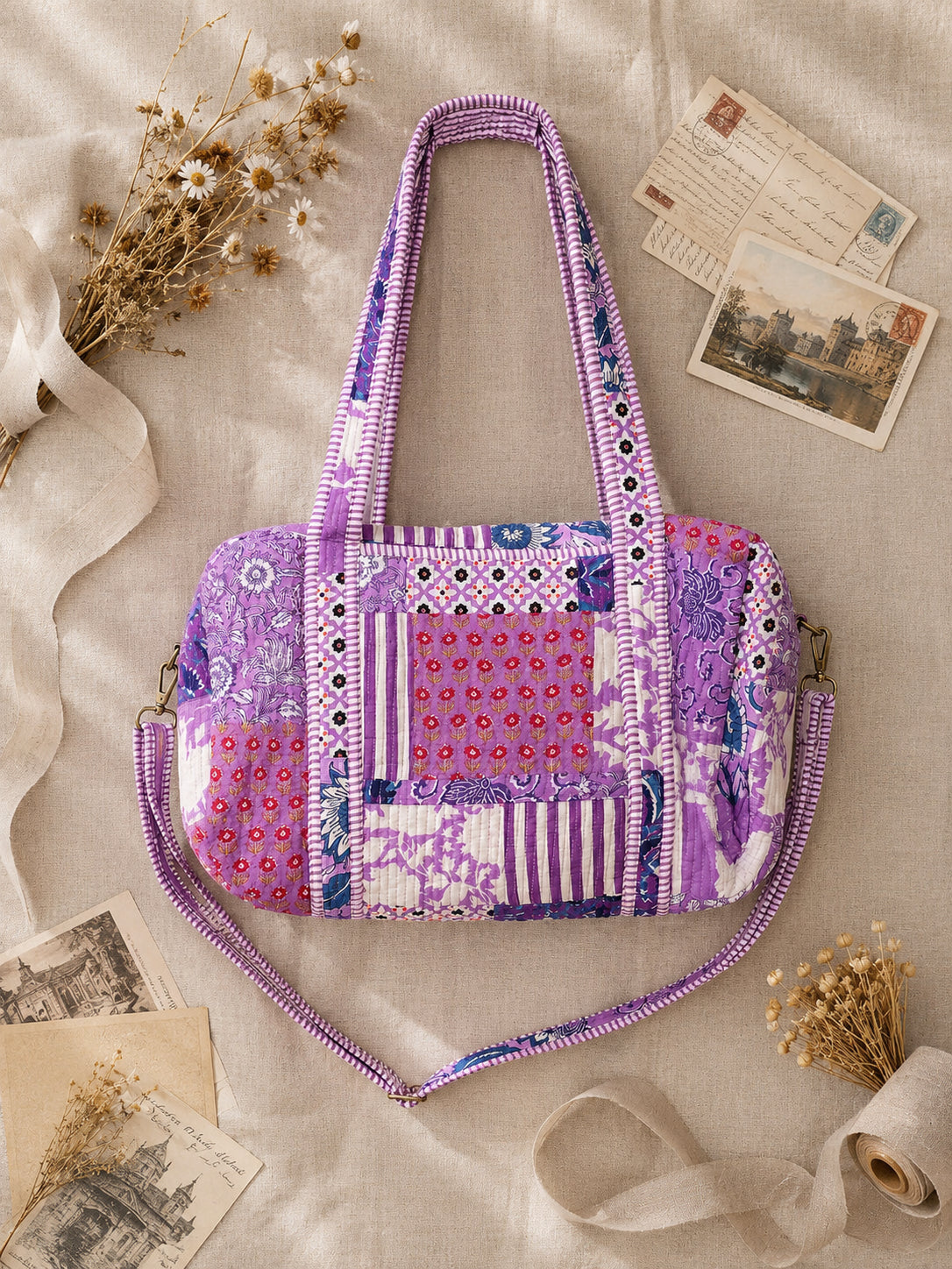 Handmade Duffle Bag - The Indria - Patchwork and Postcards - Violet
