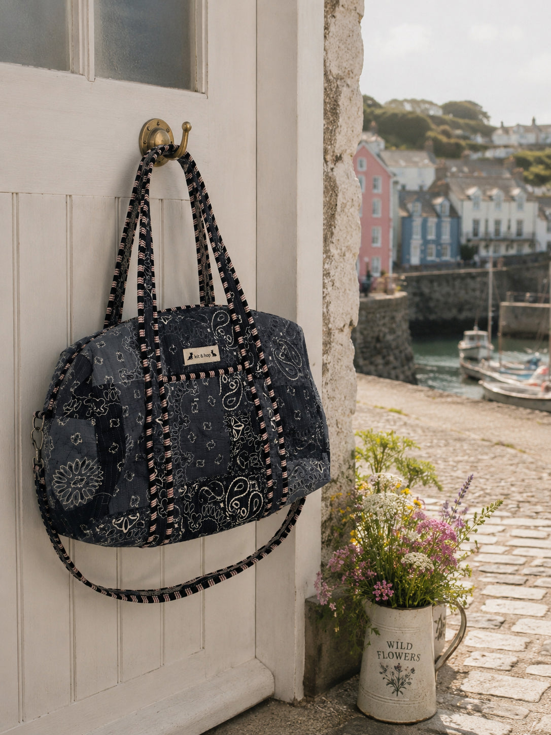Handmade Duffle Bag - The Indria - Postcards from the Coast -Harbour Slate