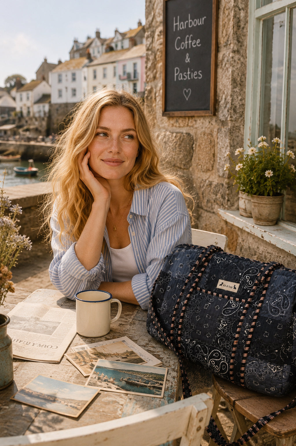 Handmade Duffle Bag - The Indria - Postcards from the Coast -Harbour Slate
