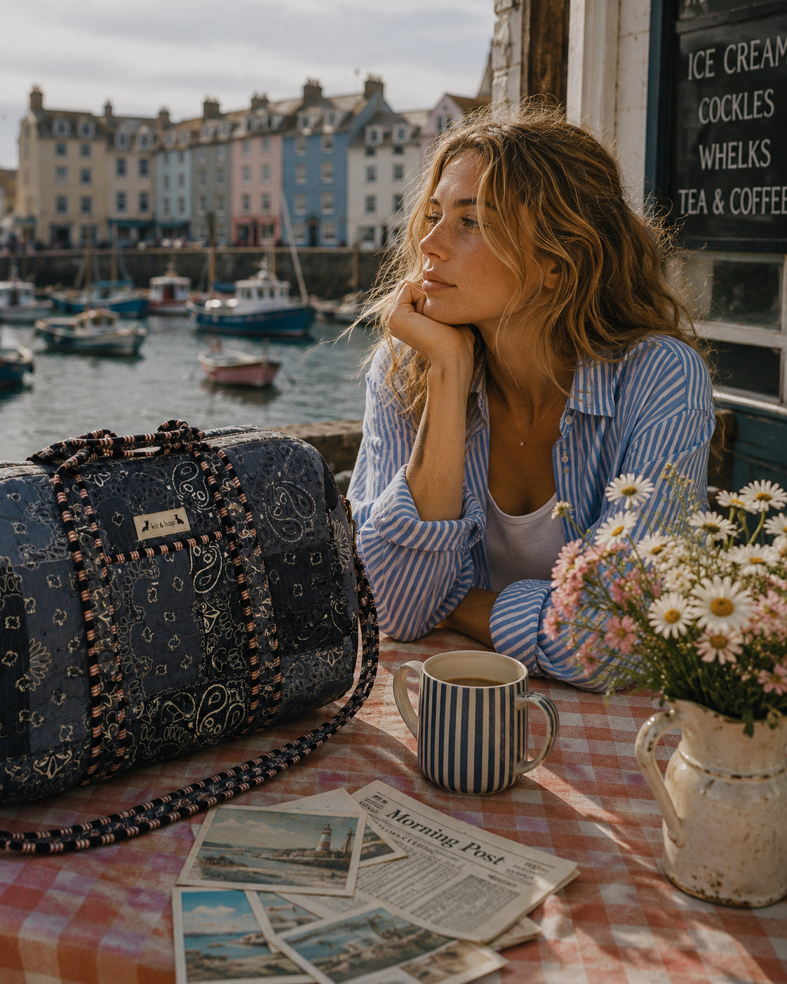 Handmade Duffle Bag - The Indria - Postcards from the Coast -Harbour Slate