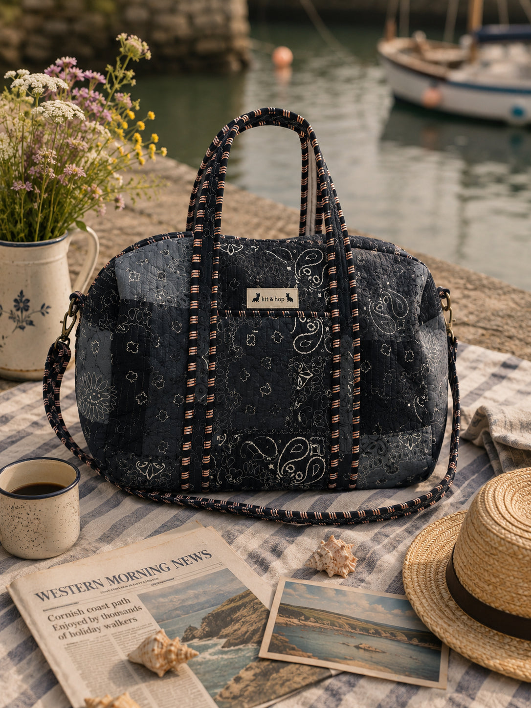 Handmade Duffle Bag - The Indria - Postcards from the Coast -Harbour Slate