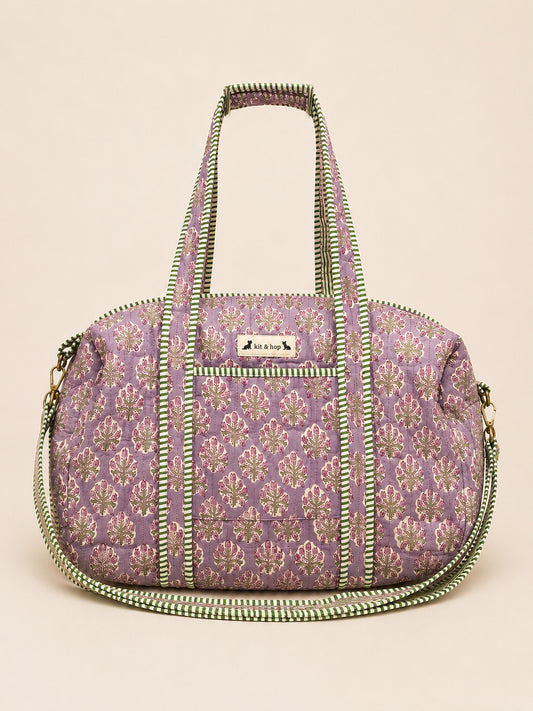 Handmade Duffle Bag - The Indria - Postcards from the Coast in lavender quilted fabric with patchwork design.