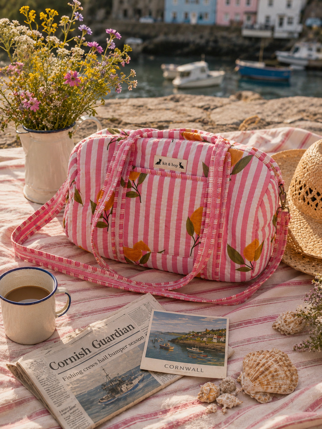 Handmade Duffle Bag - The Indria - Postcards from the Coast -Lemon Pier