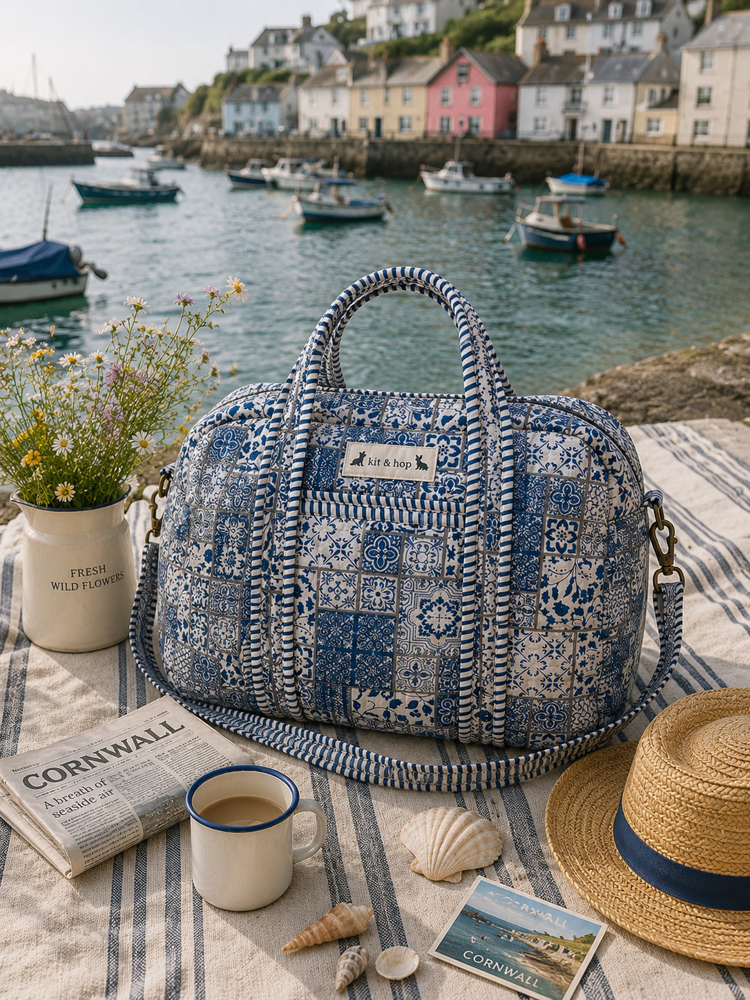 Handmade Duffle Bag - The Indria - Postcards from the Coast - Mosaic Blue