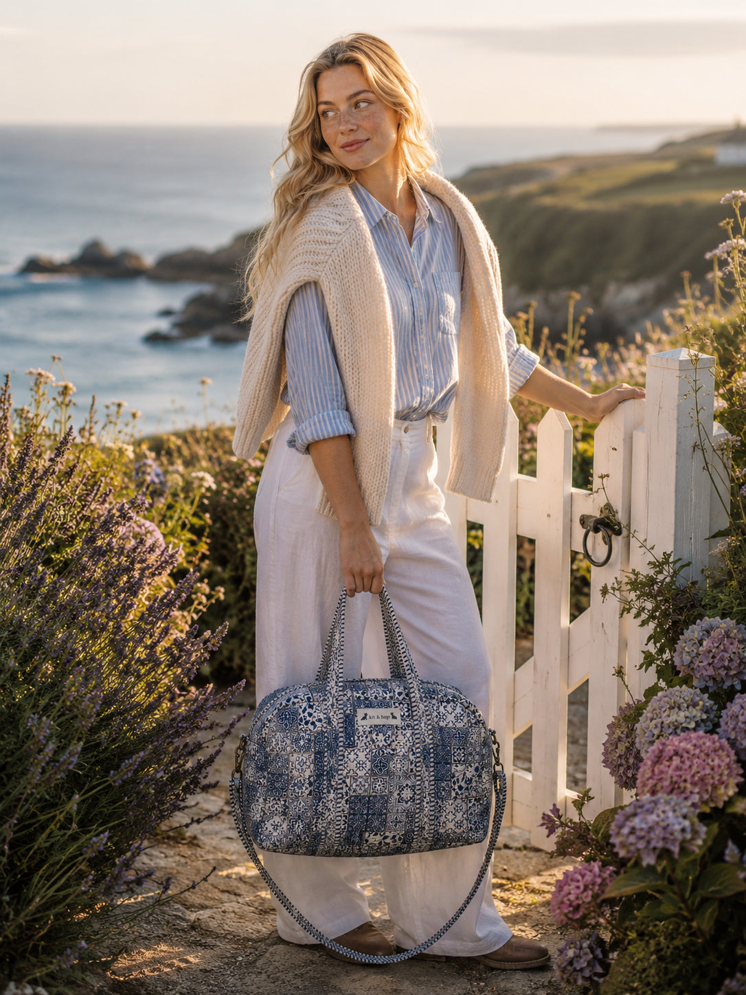 Handmade Duffle Bag - The Indria - Postcards from the Coast - Mosaic Blue