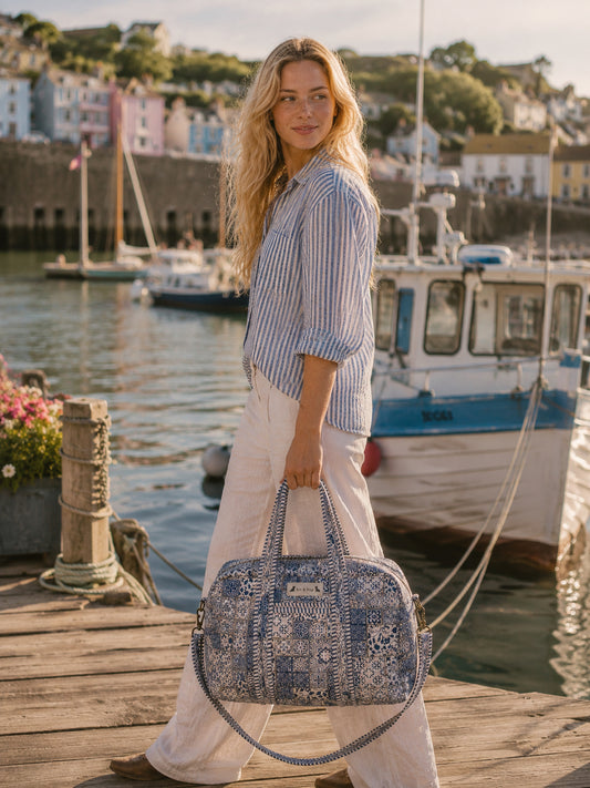 Handmade Duffle Bag - The Indria in Mosaic Blue with quilted cotton, perfect for travel and everyday use.