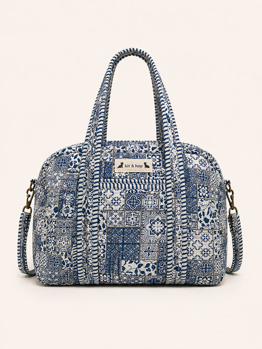 Handmade Duffle Bag - The Indria in Mosaic Blue with quilted cotton, perfect for travel and everyday use.
