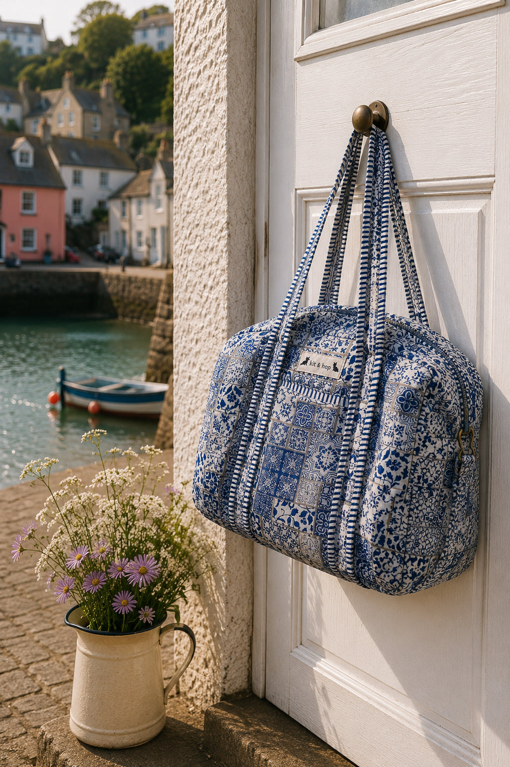 Handmade Duffle Bag - The Indria - Postcards from the Coast - Mosaic Blue