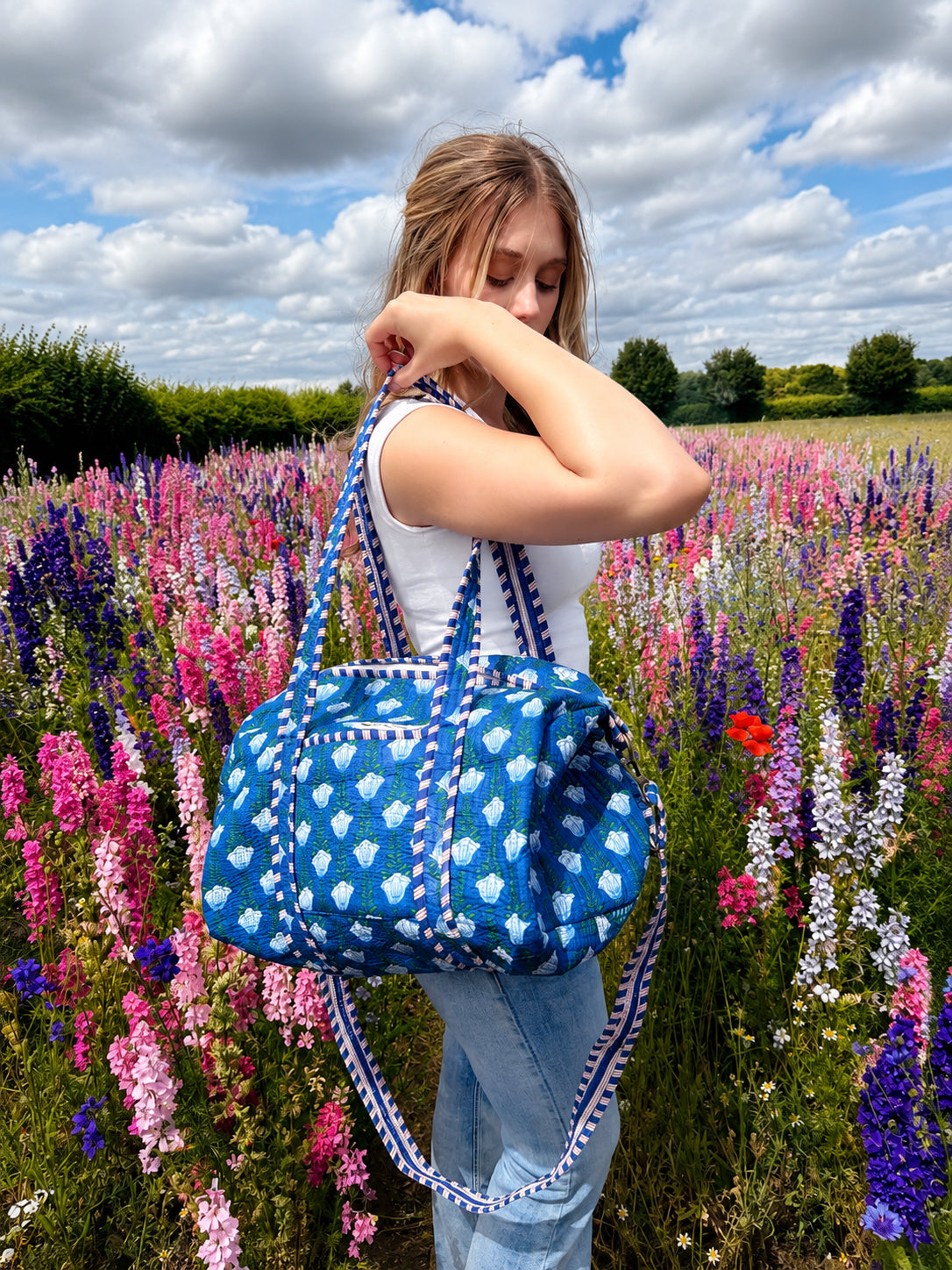 Handmade Duffle Bag - The Indria - Postcards from the Coast -Sailor Bloom