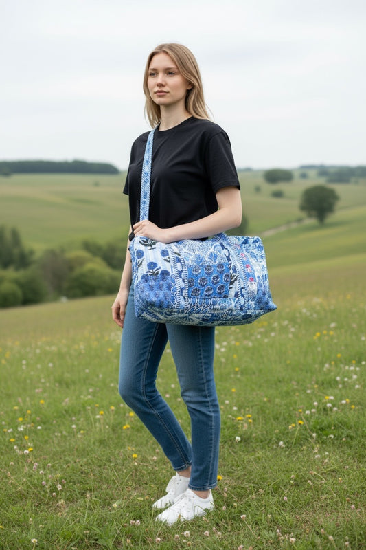 Handmade Patchwork duffle bag  The Indira - blues