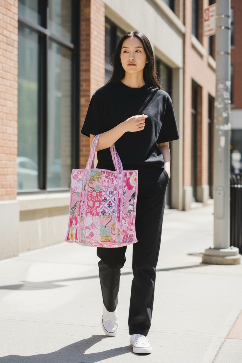 Large Tote Bag - The Willow in red with floral design, perfect for stylish and eco-conscious everyday use.