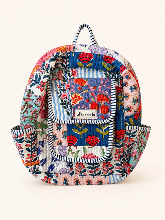 Kids Mini Backpack - Sienna in Meadow Mist, handmade, quilted cotton, unique floral design perfect for little explorers.